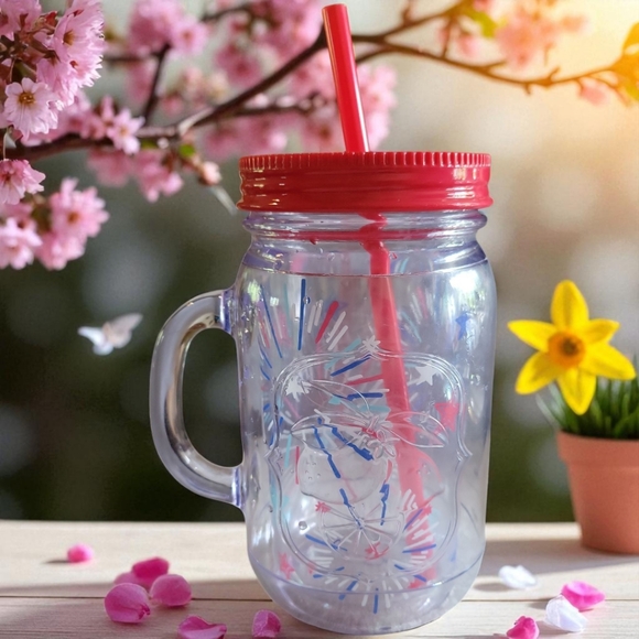 NWOT Aladdin Mason Jar USA Mug 32oz Clear Fireworks Stars Insulated Tumbler Lid - Picture 1 of 3